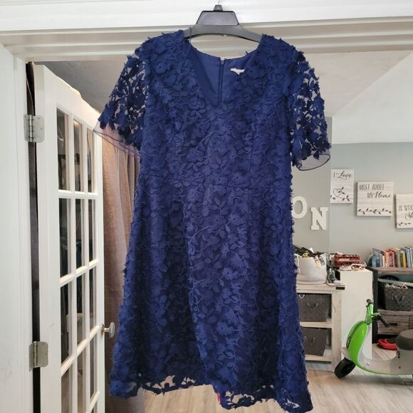 Rebecca Taylor Women's Navy Blue Open Back Scalloped Lace Midi Dress Siz… - Picture 8 of 9